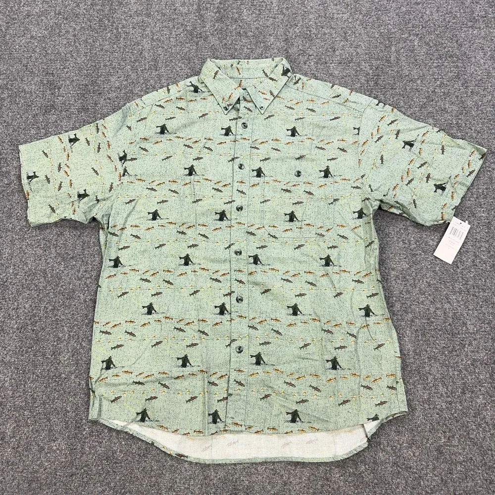 Cabela's Shirt Mens L Green Streamside Fish Print Short Sleeve Button Up Fishing
